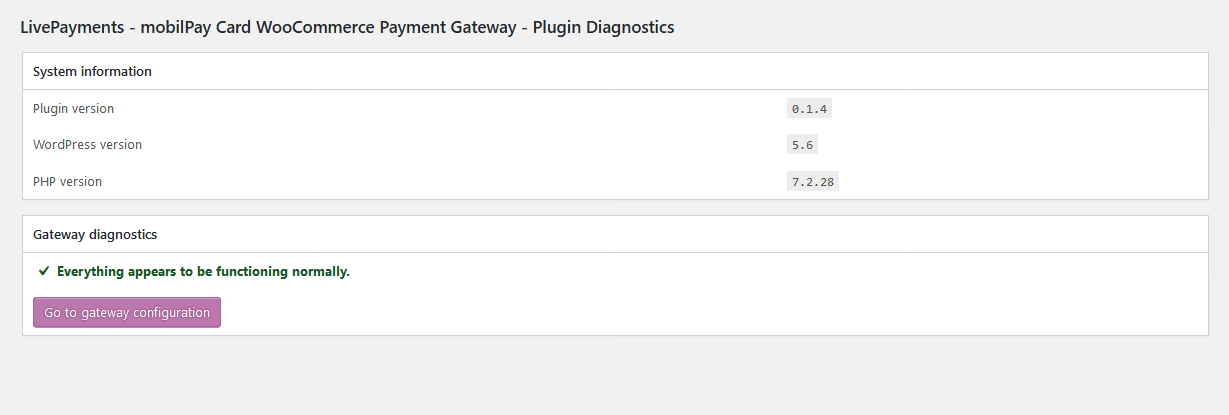 Plugin diagnosis page (Livepayments-MP-WC > Plugin Diagnostics menu)