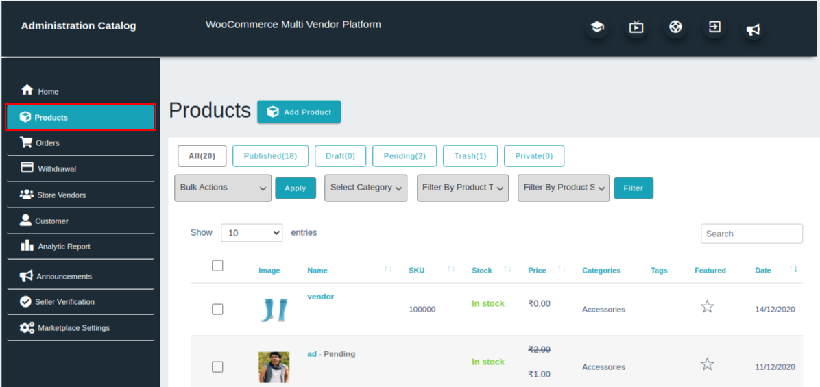 Multivendor(Multi Vendor) Marketplace For WooCommerce Vendor Products Page.