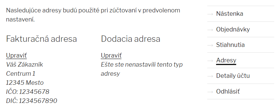 Zobrazenie fakturačnej adresy na stránke môj účet