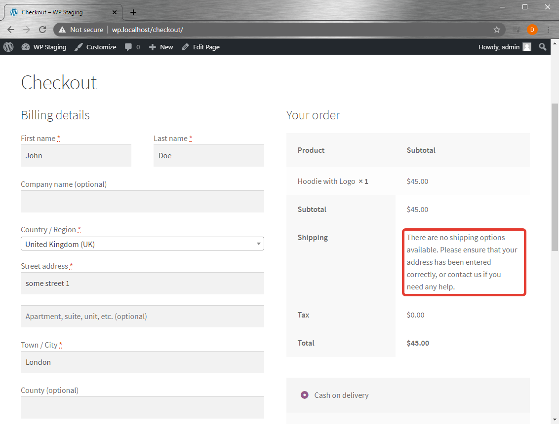 Default message on the checkout page