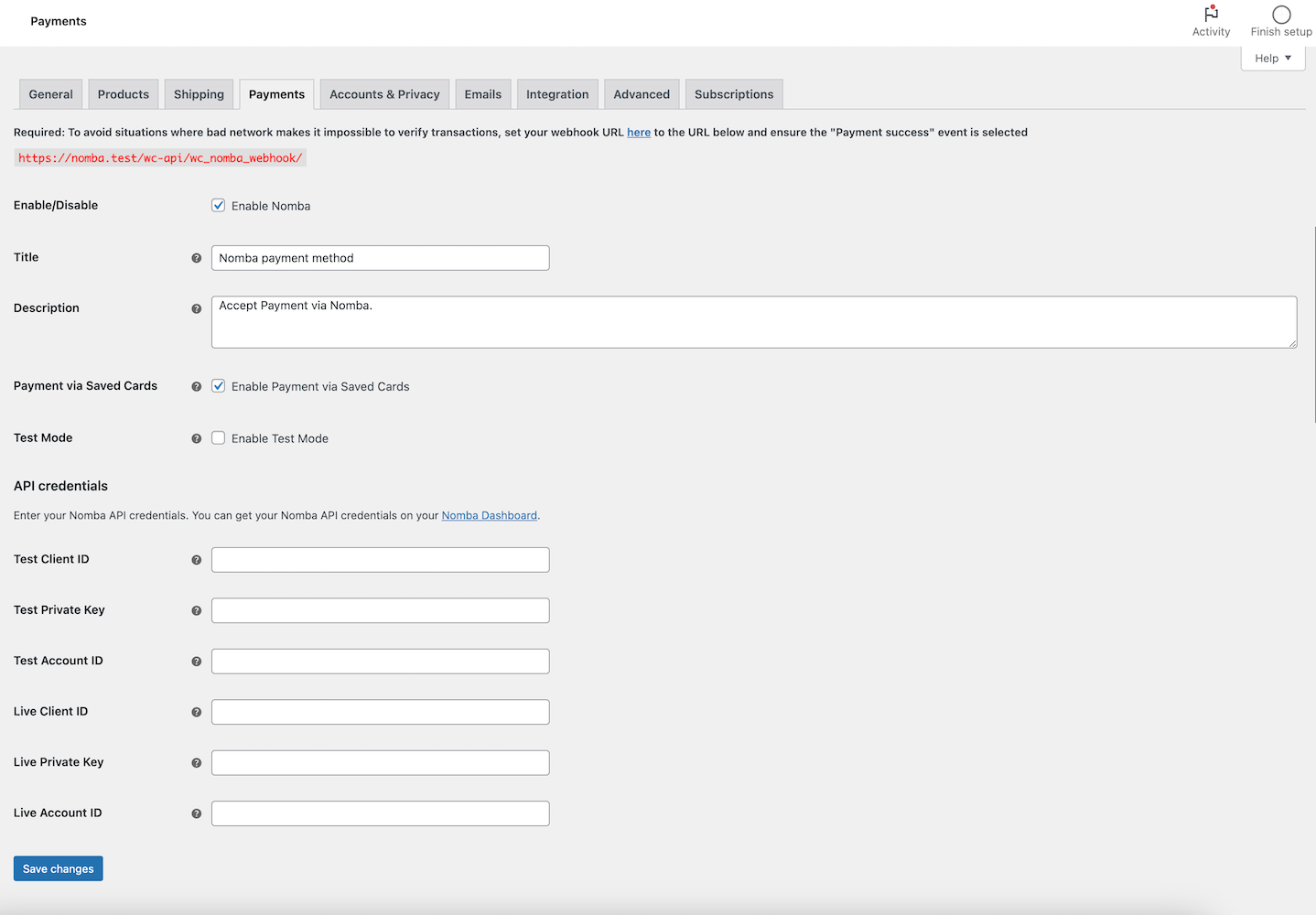 Nomba WooCommerce payment gateway settings page