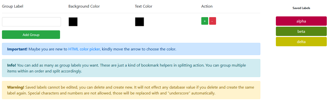 Labeling a group and color selection