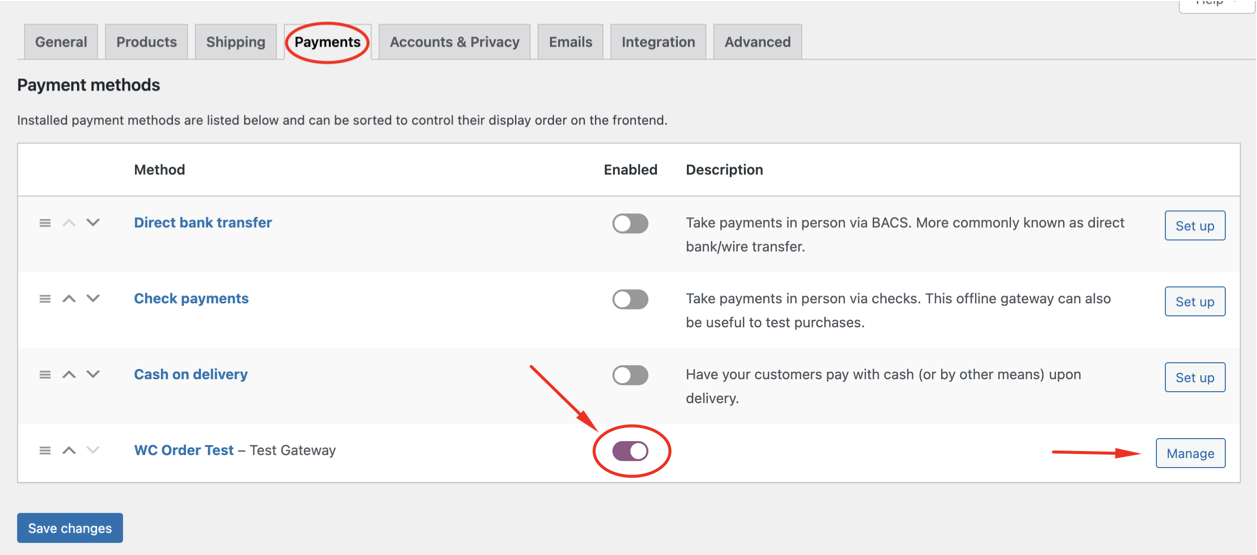 This is the settings page withing WooCommerce setting area