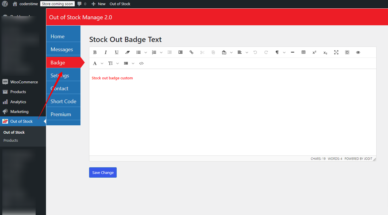 Stock Out Settings page for badge show, hide sale, message position