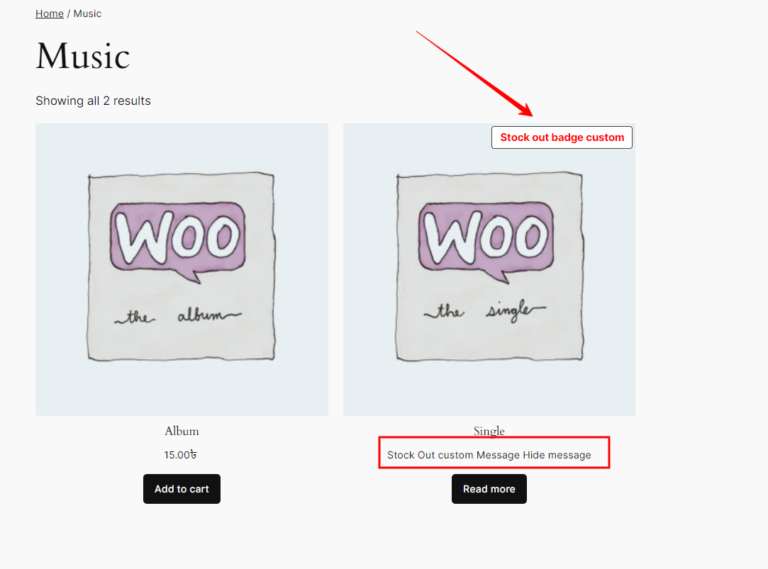 Shop Page Stock out badge and hide price with custom message