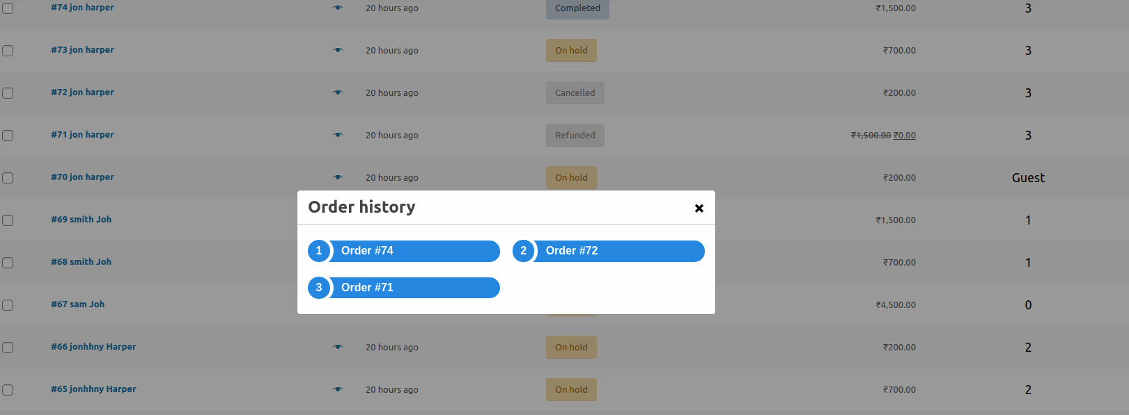 On click popup which shows order history