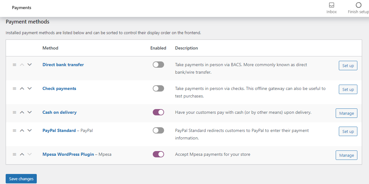 Lista dos método de pagamento com o  *Mpesa for WooCommerce* ativo
