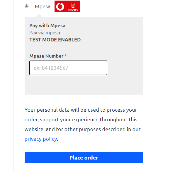 Página da Finalização do pagamento com o método de pagamento selecionado com o campo para digitar o número do telefone mpesa