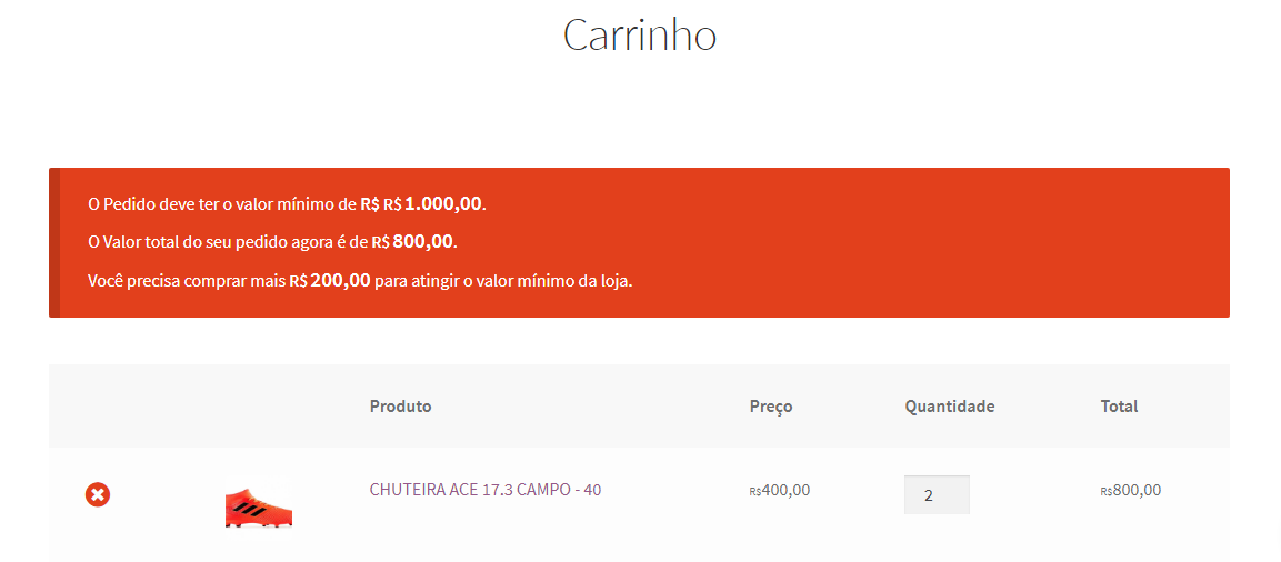 Exemplo de pedido mínimo por valor.