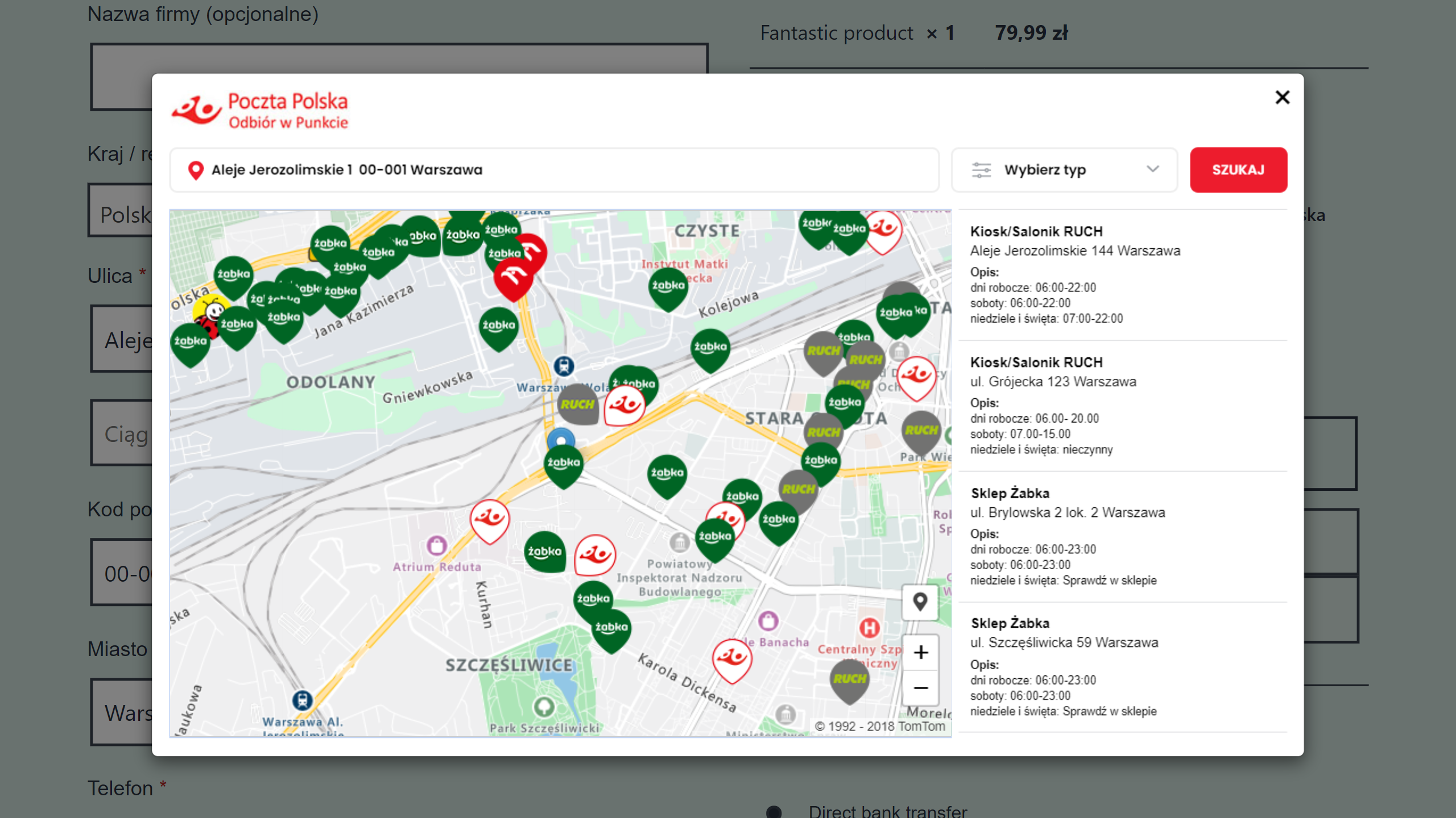 Self pickup map via Poczta Polska