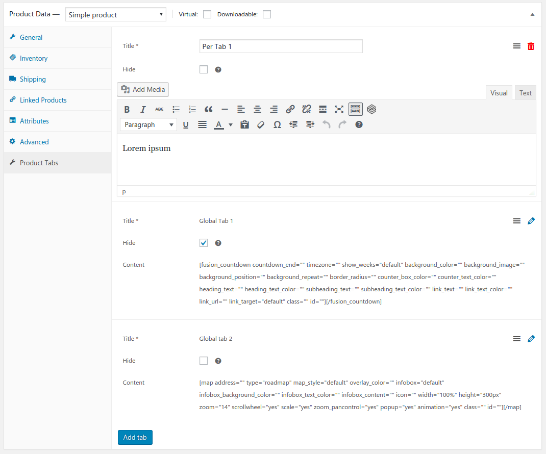 Product tabs under Product Data metabox