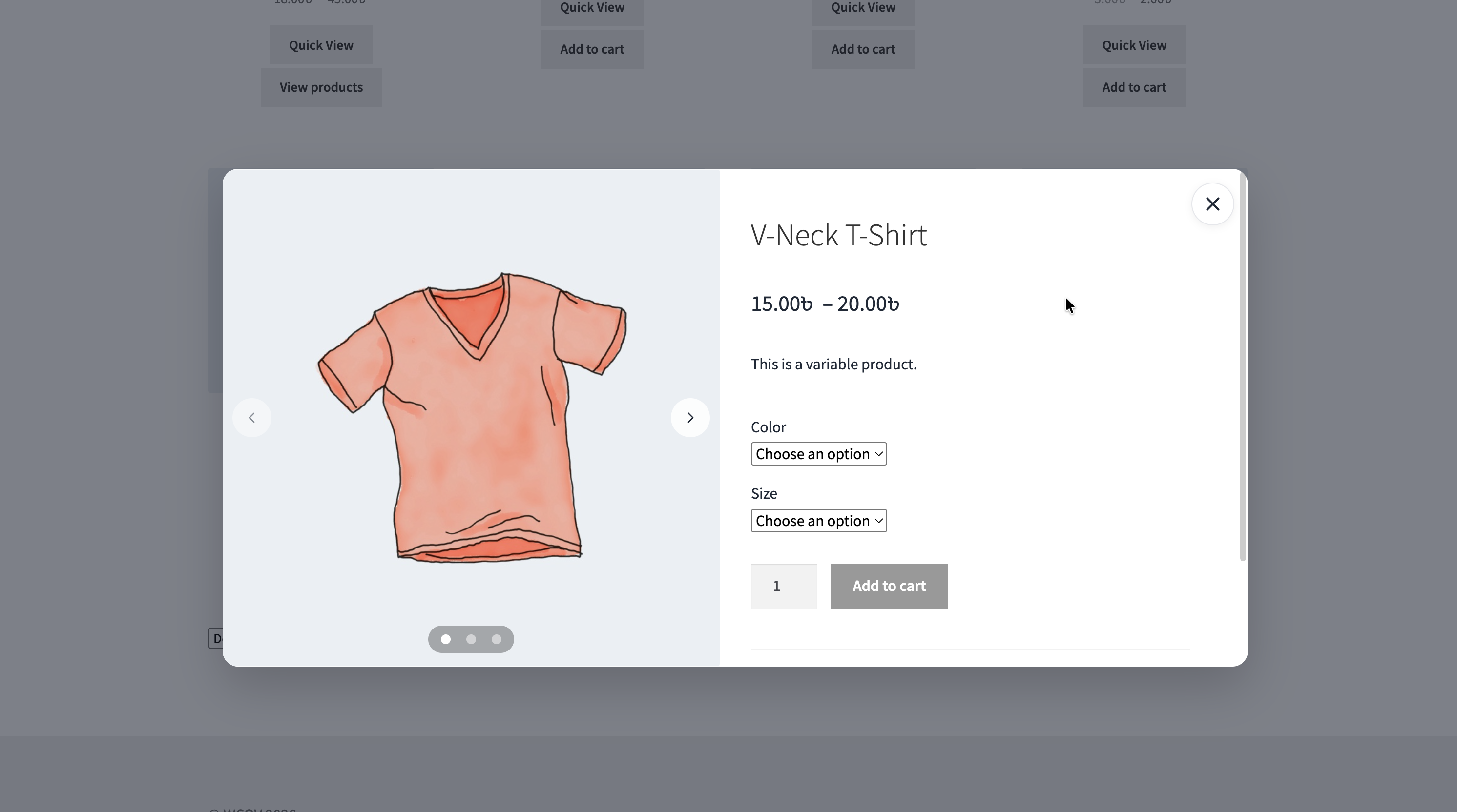 Product quick view modal with gallery and product details