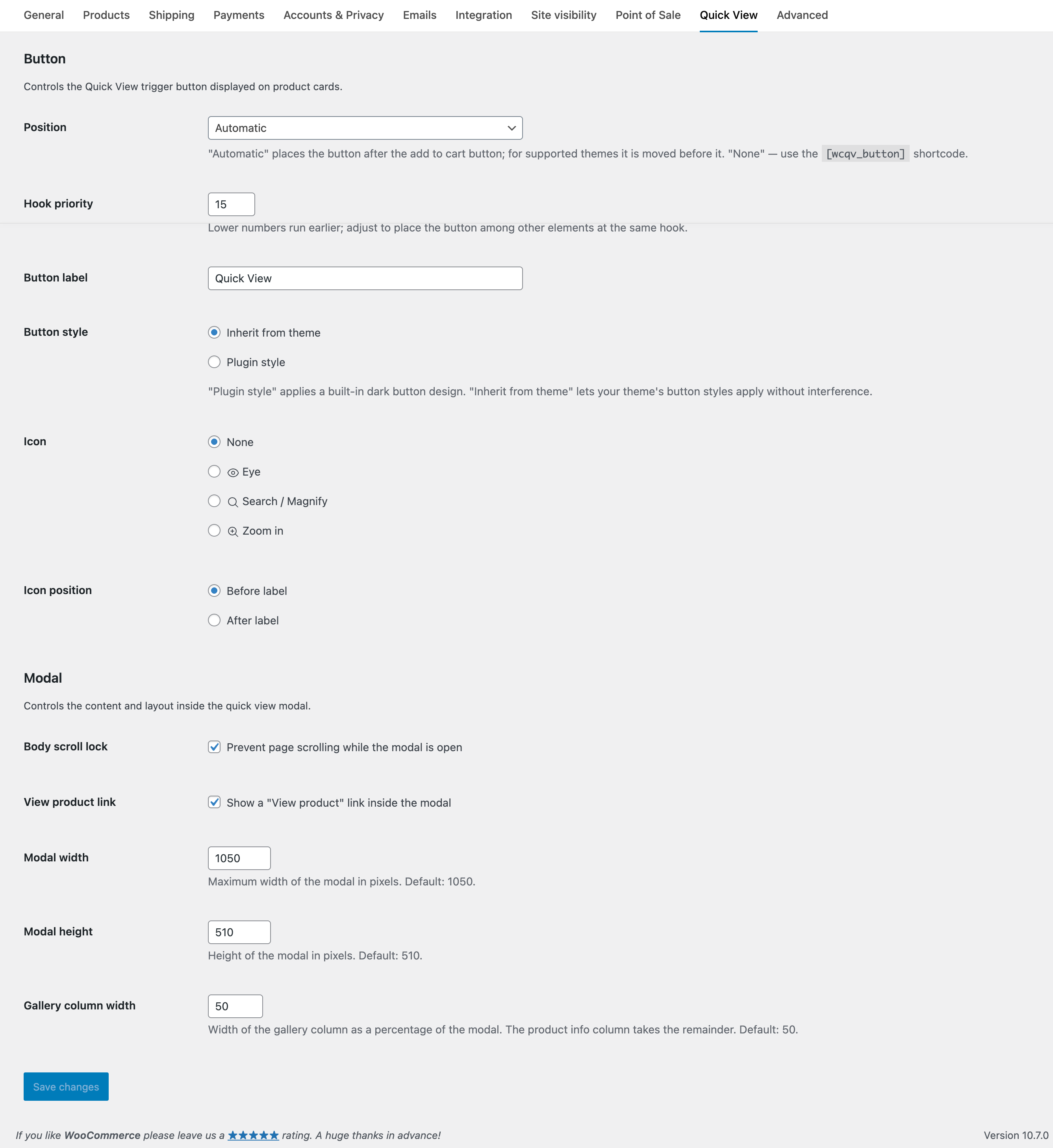 Plugin settings under WooCommerce > Settings > Quick View
