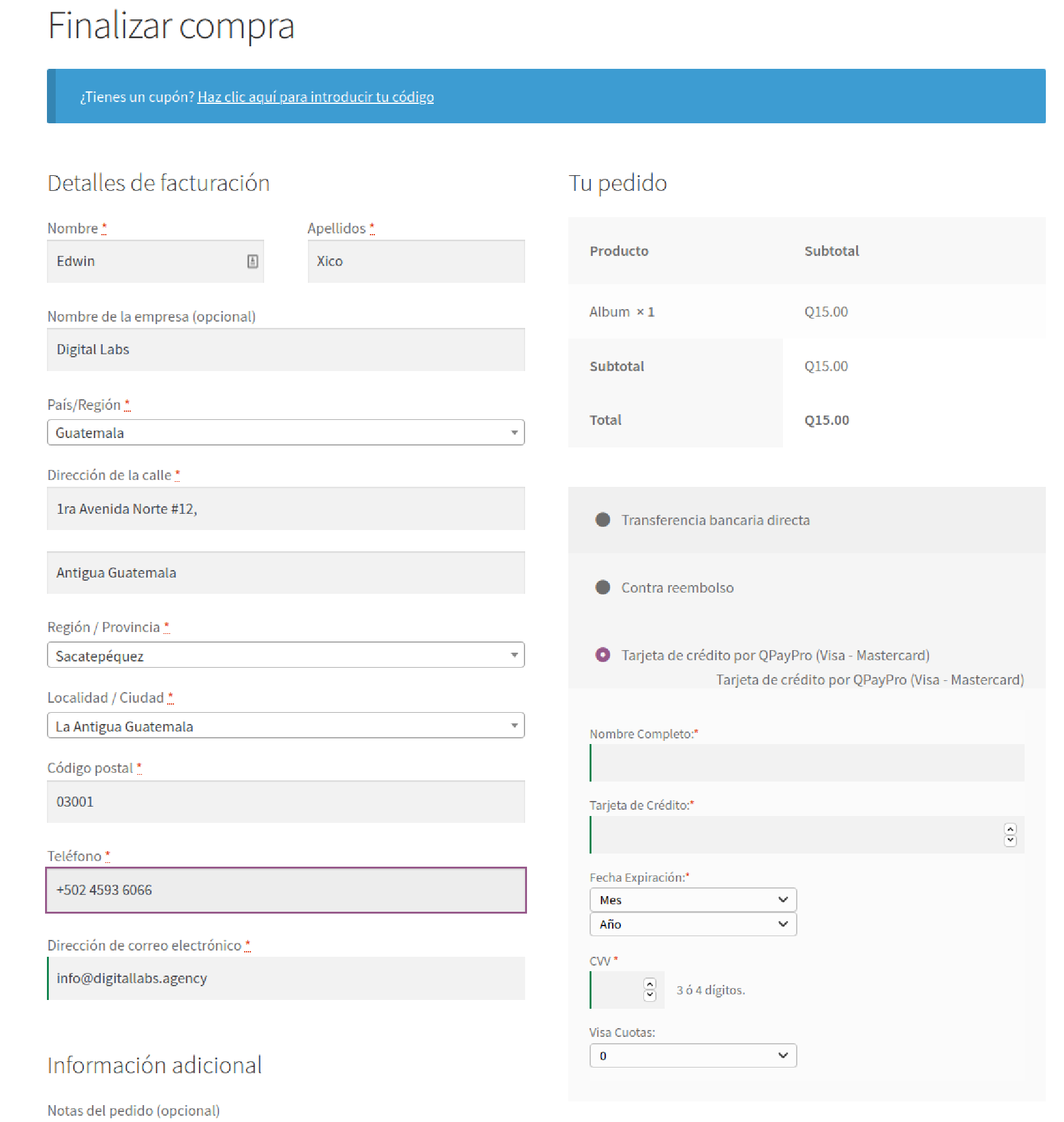 The checkout page with the QPayPro payment credit card form.