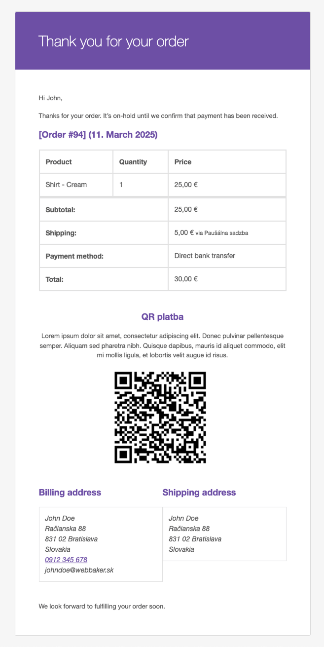 Generated QR code inserted into the customer's email.