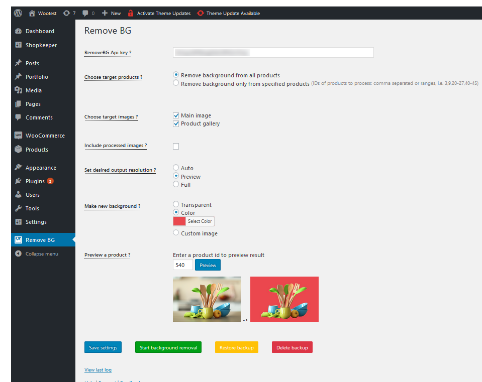 WooCommerce products remove background plugin admin interface