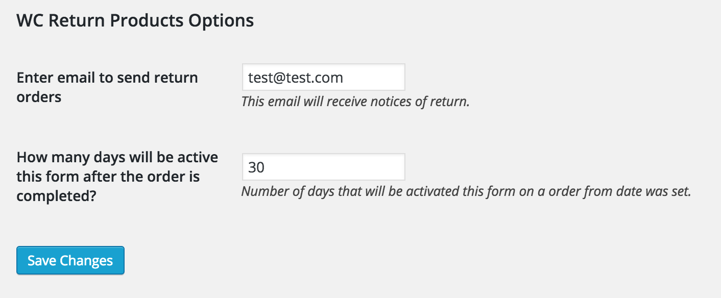 WC Return products settings page