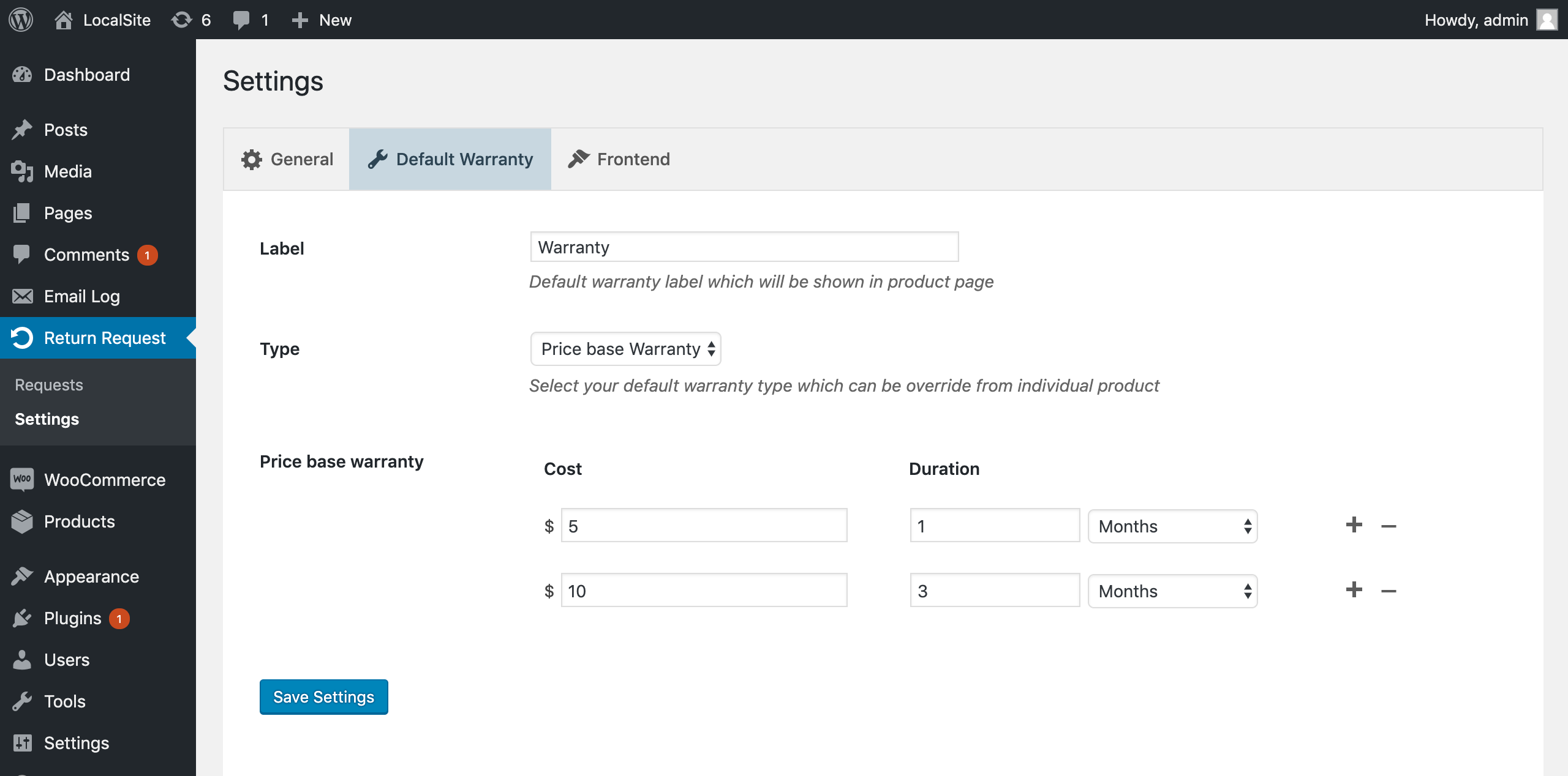 Default Warranty Settings