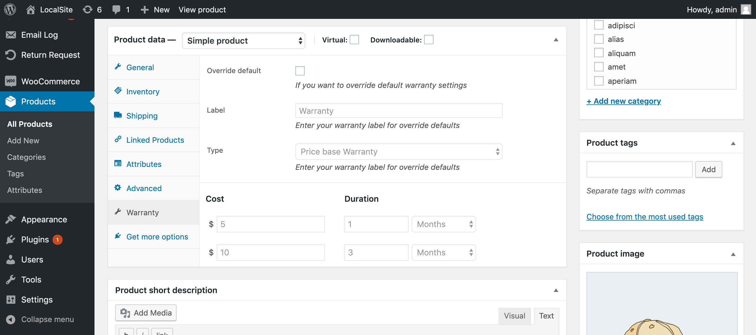 Individual Product settings