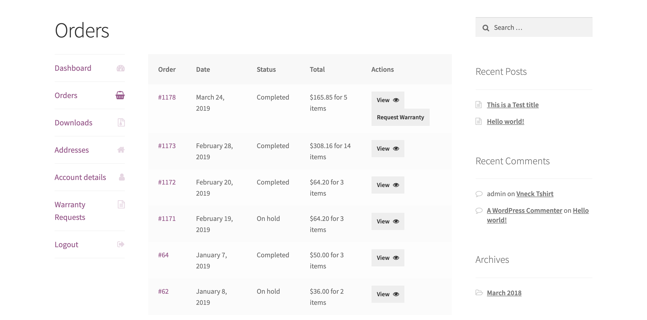 Customer request order list