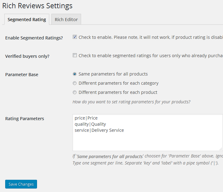Settings page for `segmented rating`.