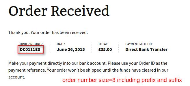 Sample order number when size is 8 including prefix and suffix.