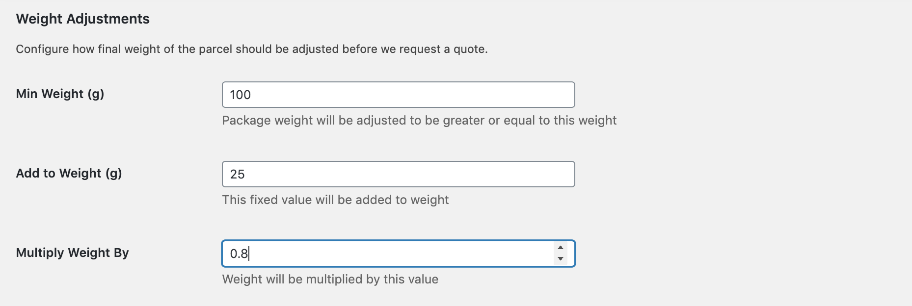 Configure weight adjustments
