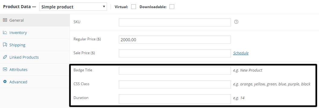 WC Simple Product Badge new fields added to the Product Details panel.