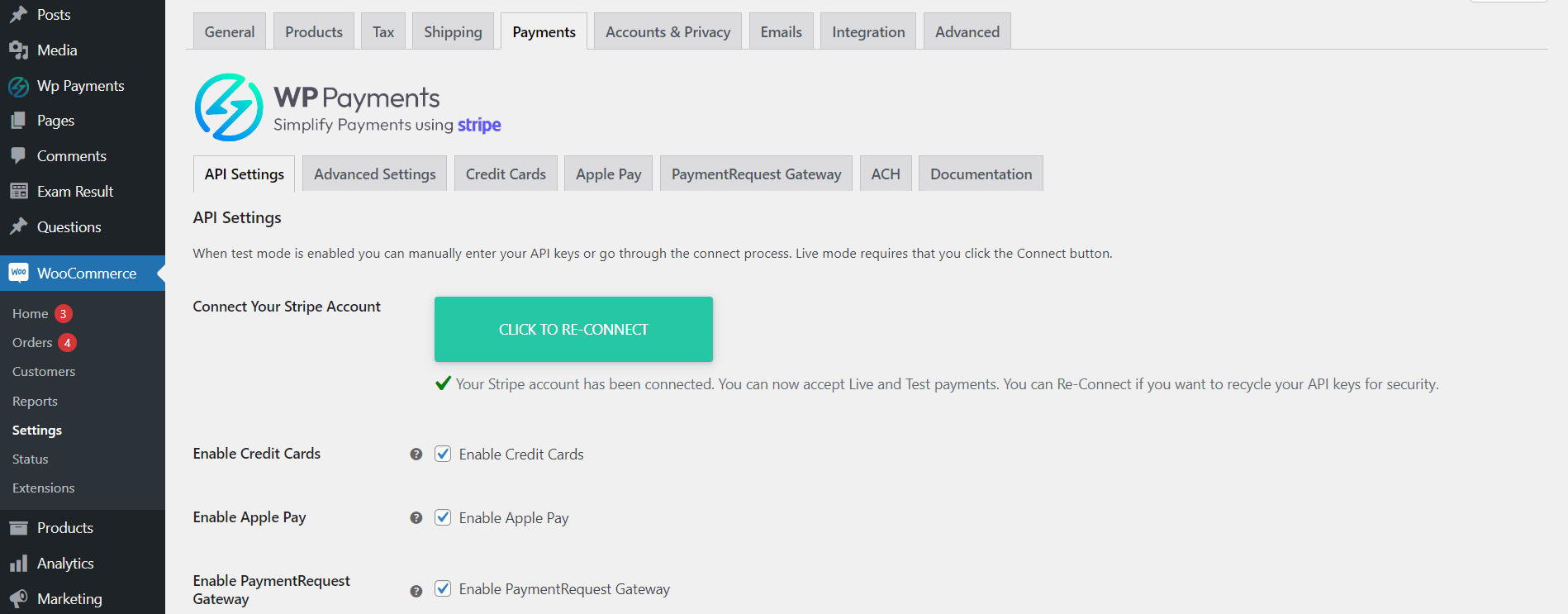 Payments via Stripe for WooCommerce Settings page in WordPress Dashboard