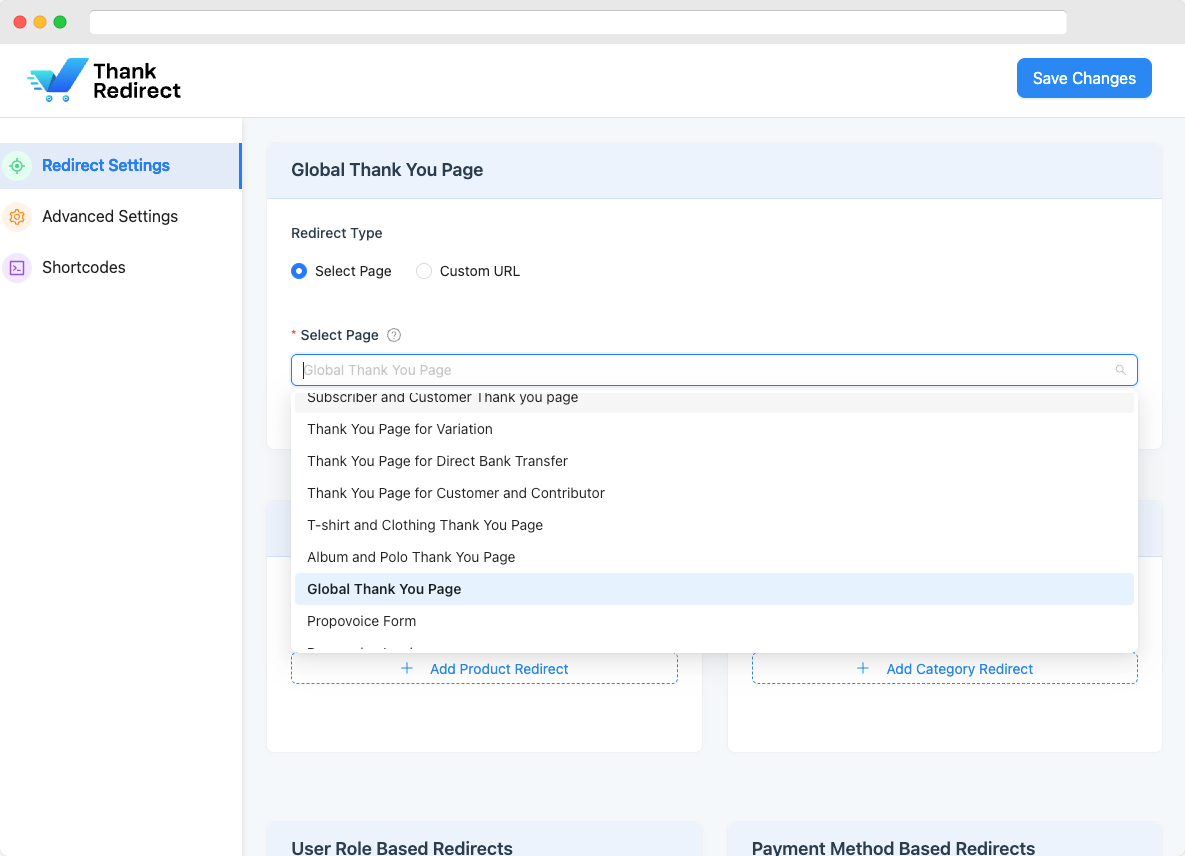 Setting up a global thank you page.
