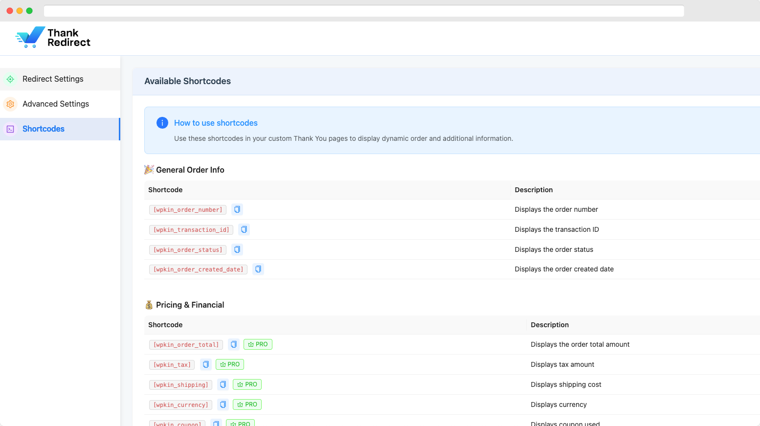 A complete list of available shortcodes.