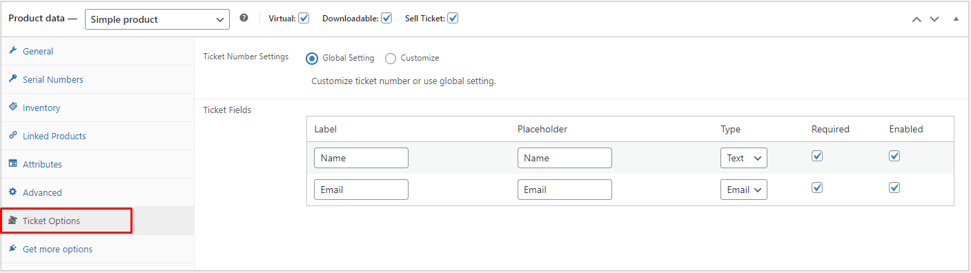 Ticket Options Global Settings