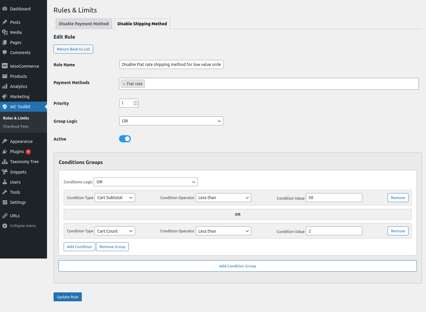 Disable Shipping Methods - Set up a rule to disable shipping methods based on cart conditions