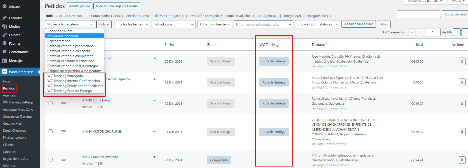 Column and Bulk action for change order status