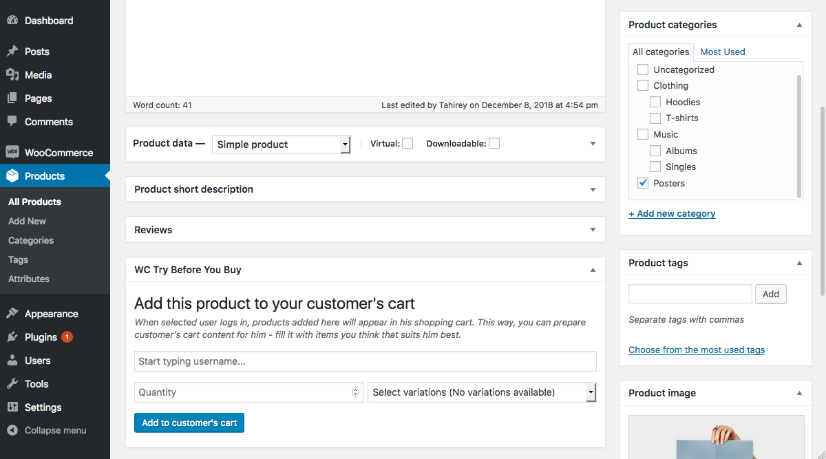 Admin side - WC Try Before You Buy Admin meta box on the bottom of each WooCommerce Product page in WP admin area