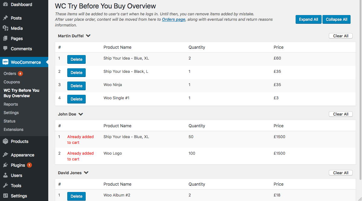 Admin side - WC Try Before You Buy Overview page