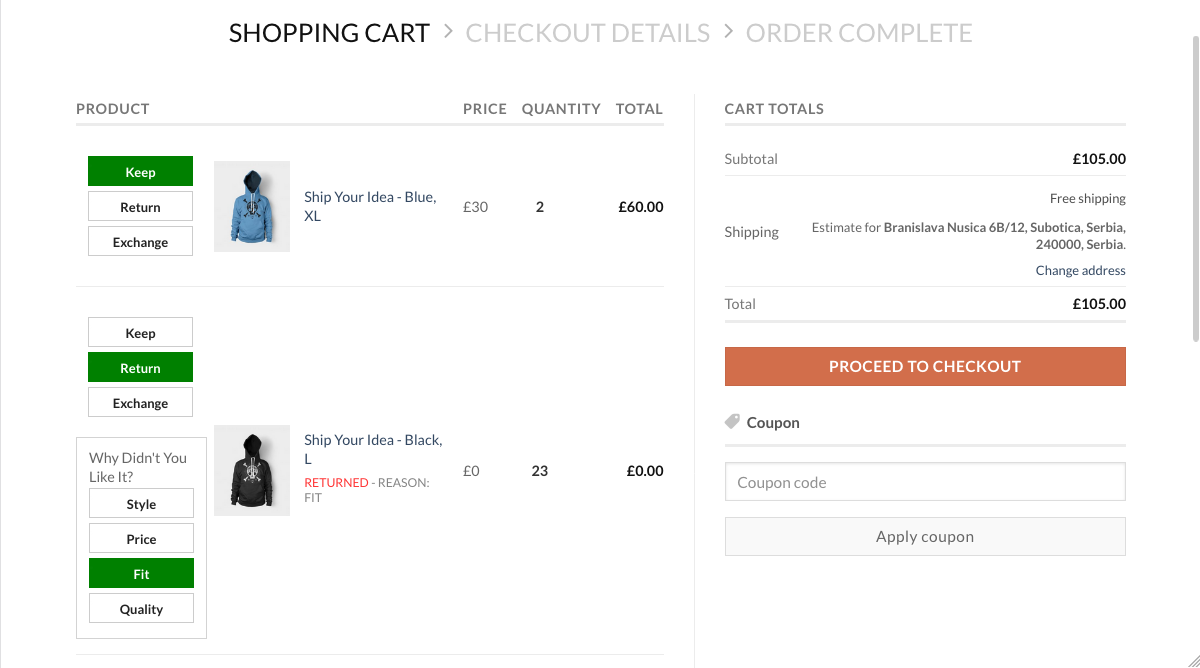 Customer side - Cart page with options to keep or return product, and to give feedback about return reason