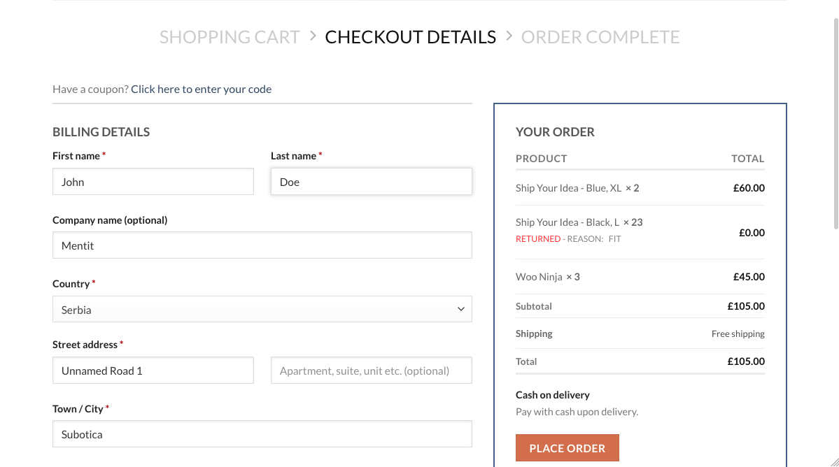 Customer side - Return reasons info will be displayed in Cart, Checkout, Email and Order complete pages