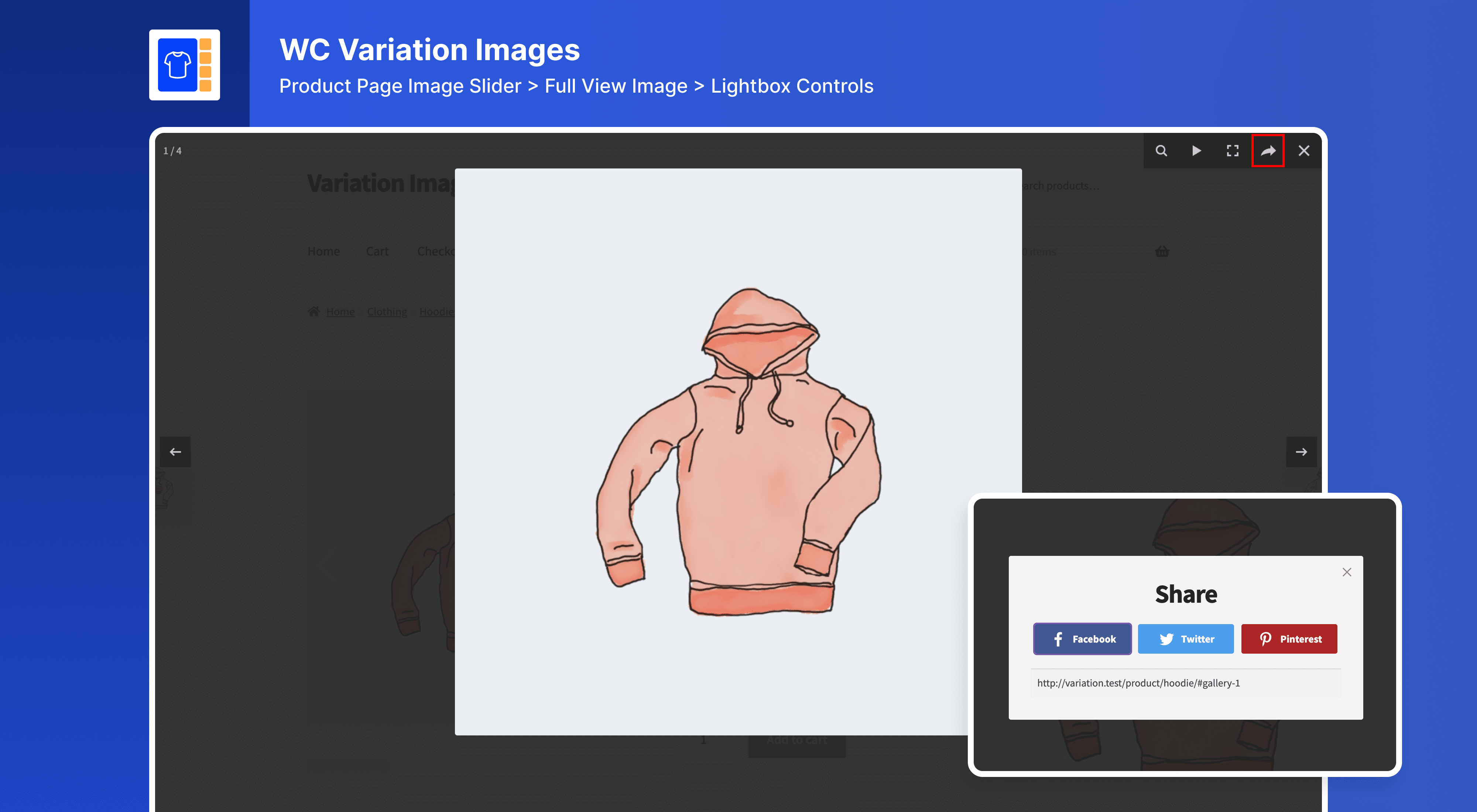Product Single Page Light box with Social Share.