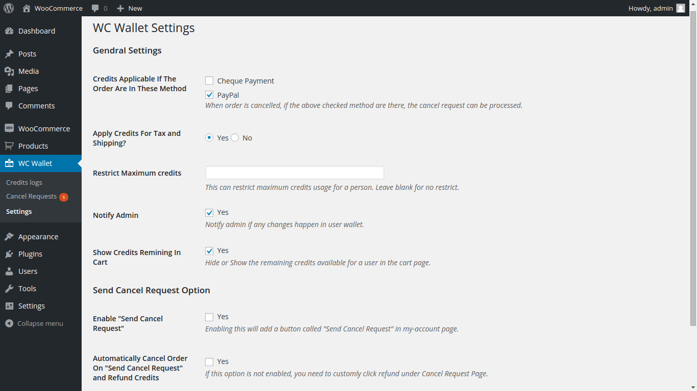 WC Wallet Settings Page