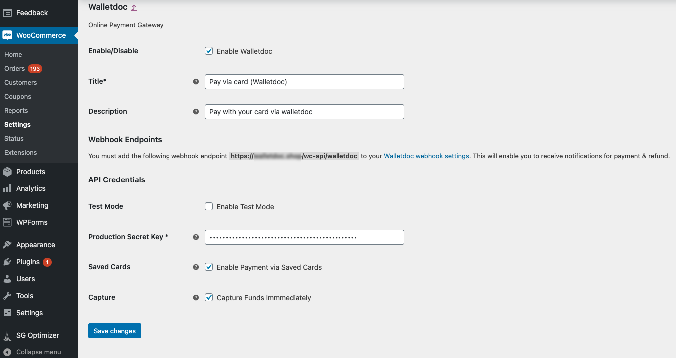 Woocommerce Walletdoc plugin settings page