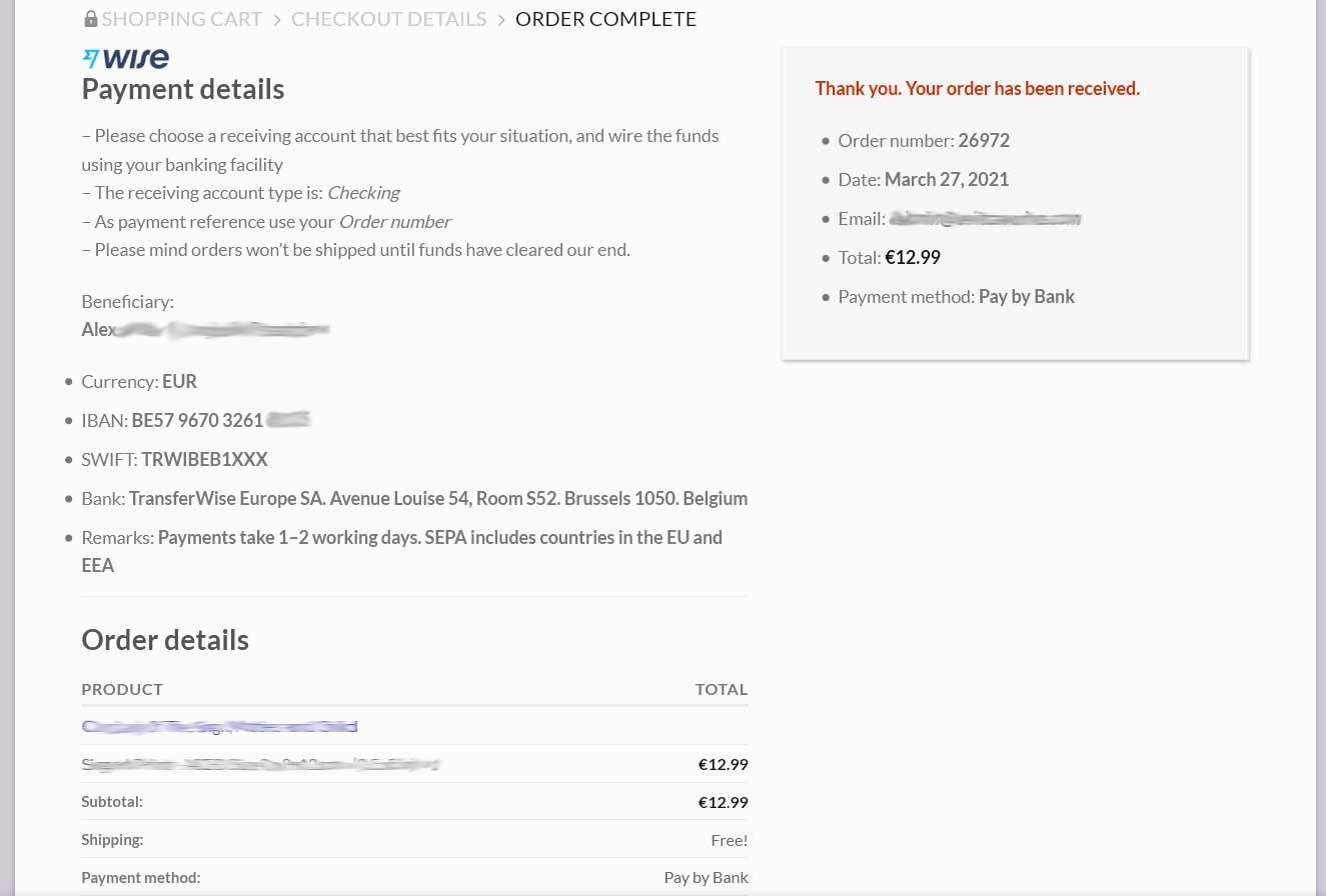 Sample thank-you page of an order with the relevant Wise bank details.
