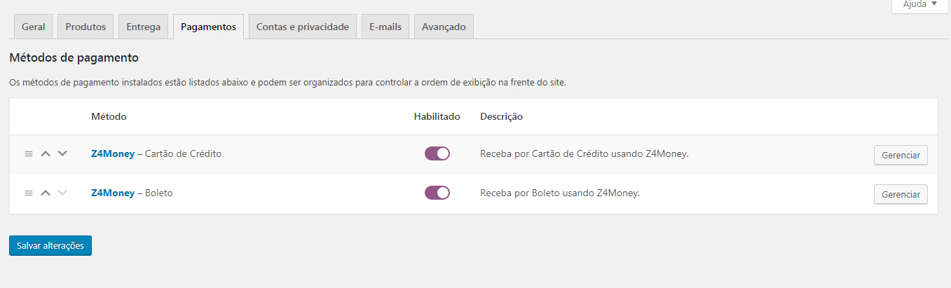 O painel de configurações usado para configurar o gateway.