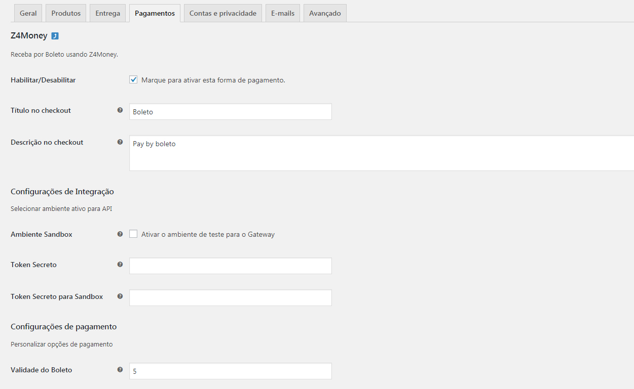 Opções avançadas do painel de configurações (Boleto).