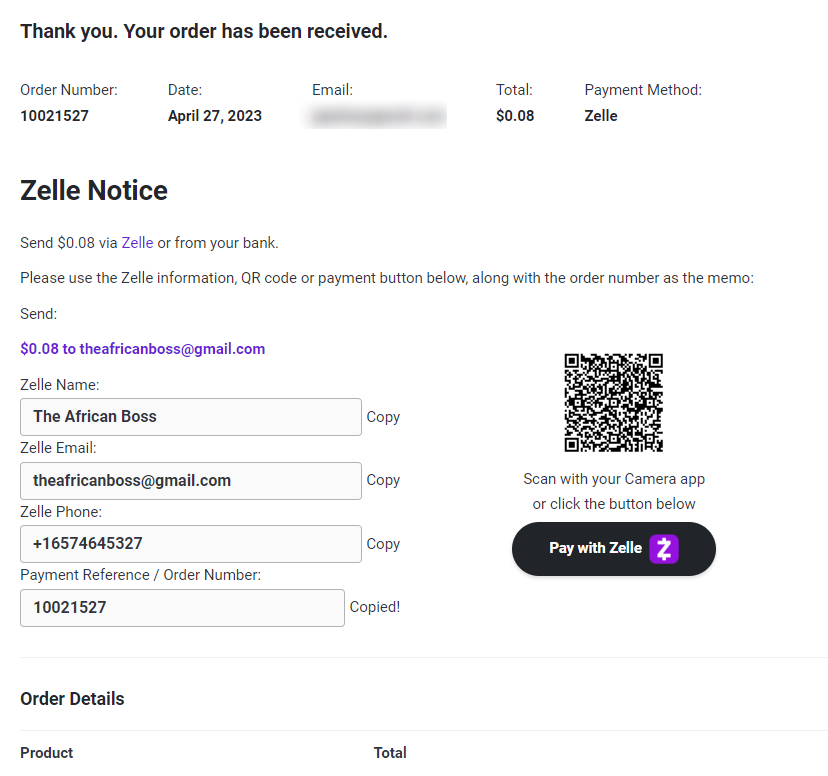 Thank you page after placing the order via the Zelle payment method