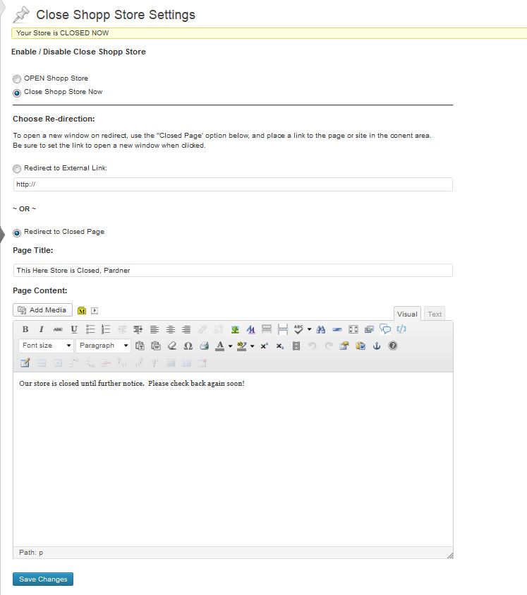 Close Shopp Option Page