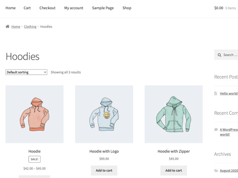 After activation, redirects to the hoodies product category