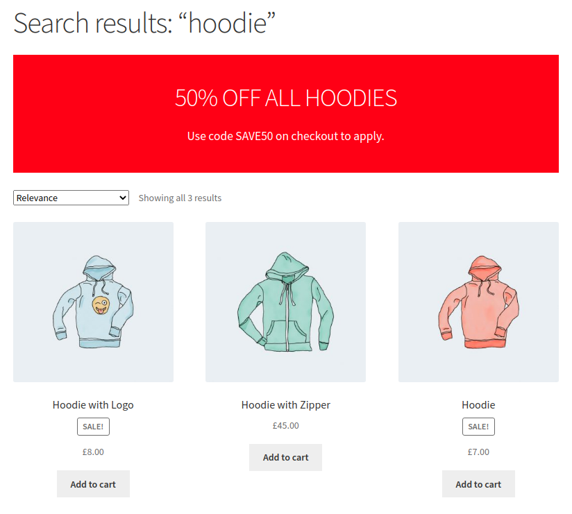 In-search content displayed when a customer searches for "hoodie"
