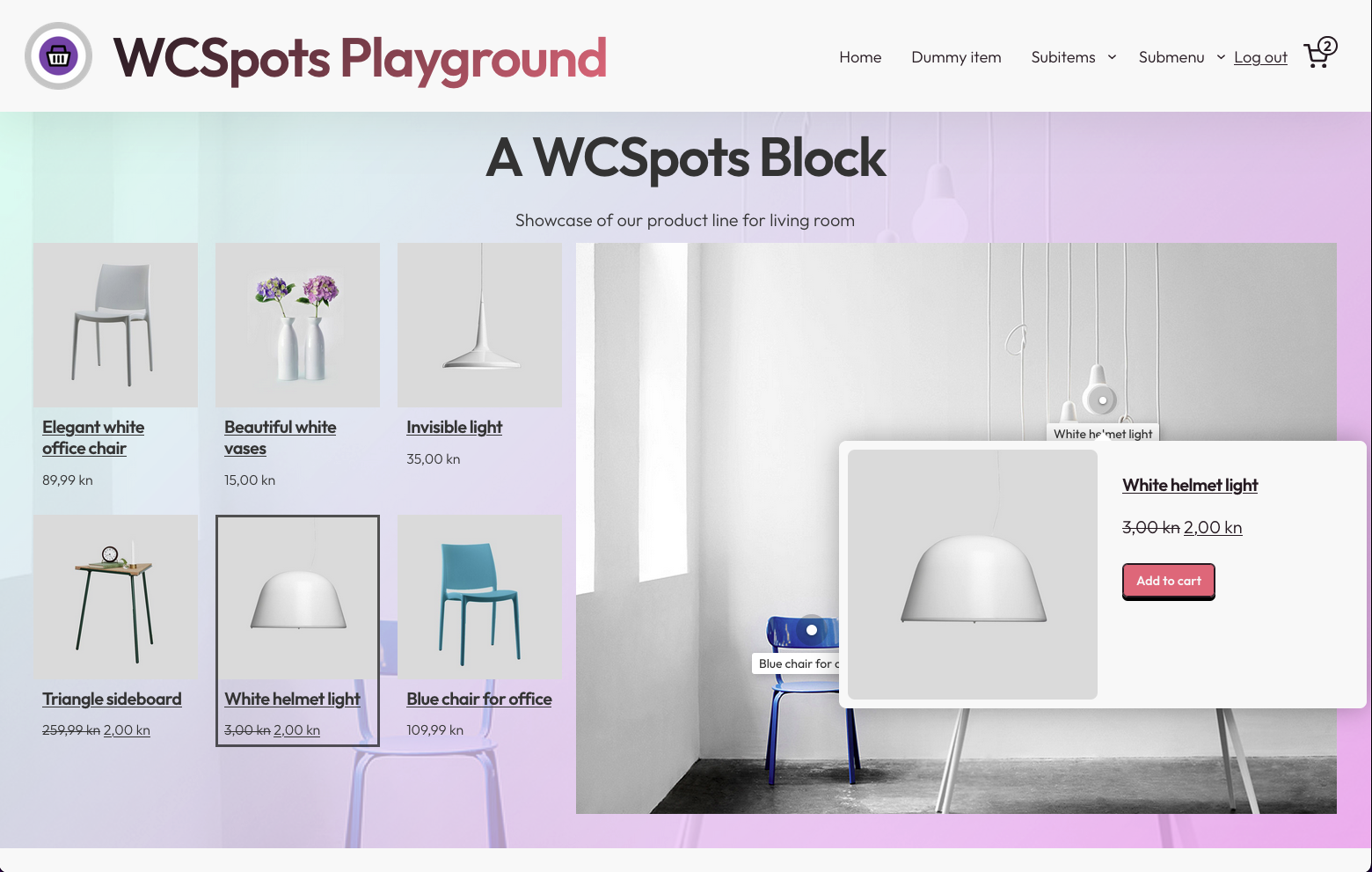 The WCSpots block in action on the frontend, showing off the products with the showcase image and hotspots.