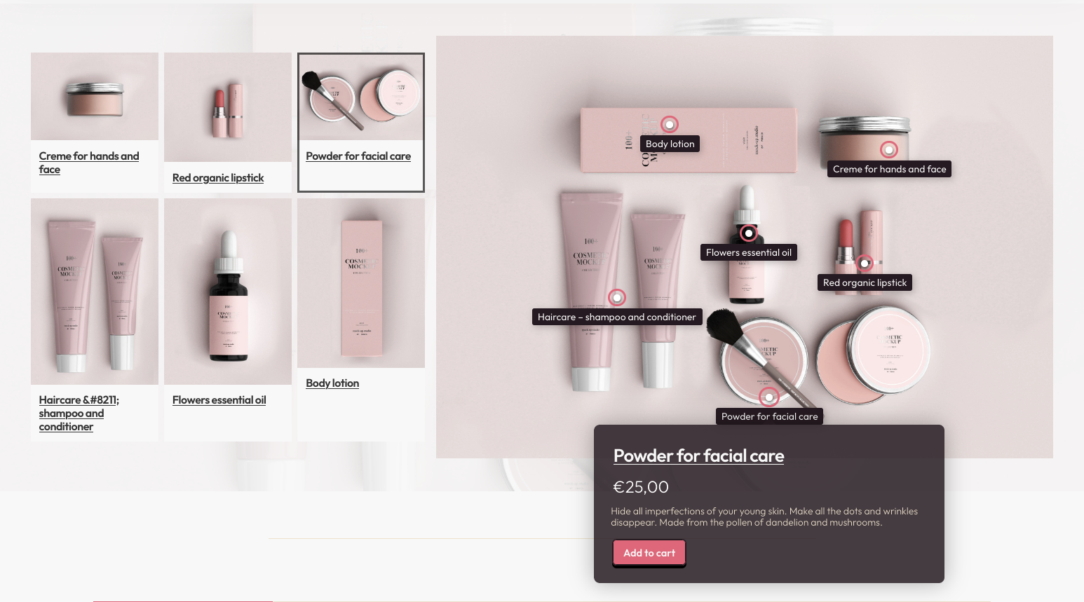 Showcasing cosmetic products, with variation of popup style, this time without the product image.